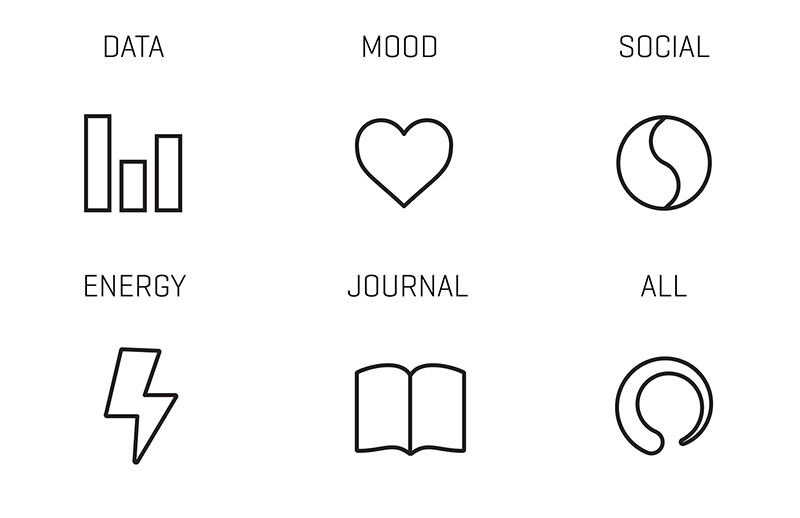 icon design for aura's app - data, mood, social, journal, energy, all